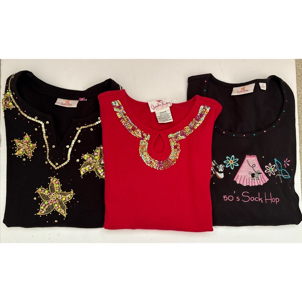 Lot Of 3 Women's Shirts Quacker Factory Sequins Black Red Sock Hop 3/4 Sleeve M